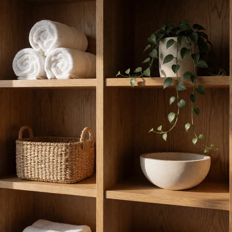 Linens and folded robes on the store shelf